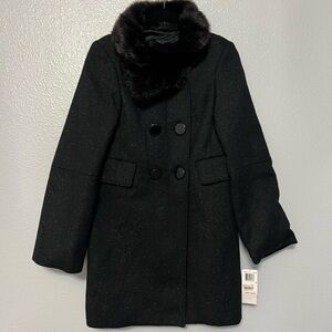 French Connection Black Speckled Faux Fir Collar Coat